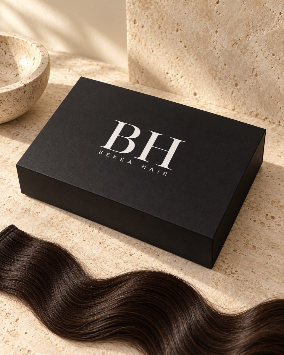 Rendered placeholder: matte black BEKKA Hair magnetic box and wavy hair